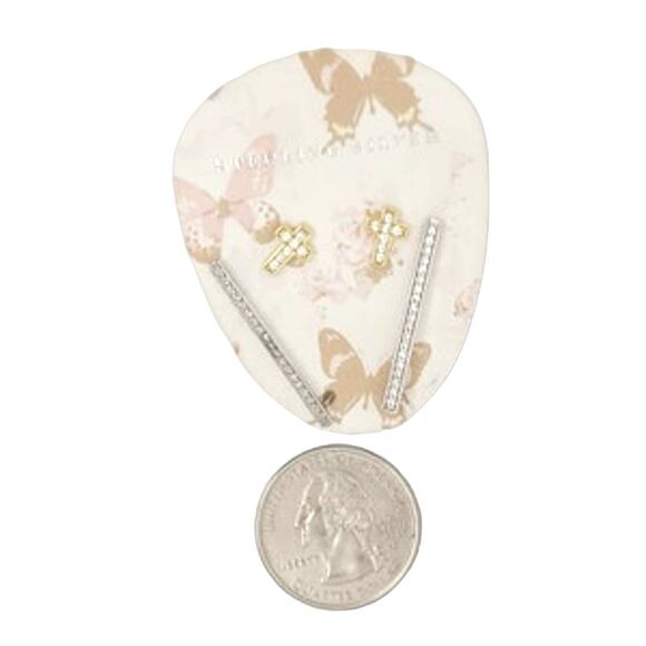 Double Pair Round Pave CZ Gold Plated .925 Cross Stud Bar Earring Pin - Picture 5 of 5